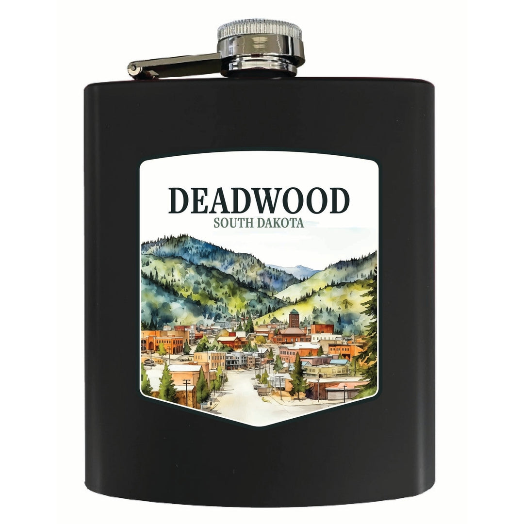 Deadwood South Dakota Watercolor Cityscape Design Souvenir 7 oz Steel Flask Matte Finish Image 4