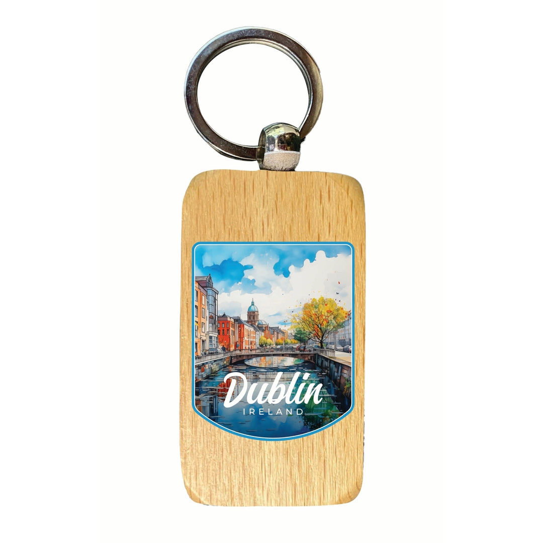 Dublin Ireland Watercolor Cityscape Design Souvenir 2.5x1-Inch Souvenir Wooden Keychain Image 1