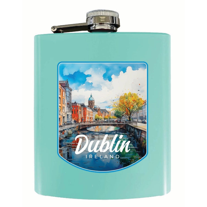 Dublin Ireland Watercolor Cityscape Design Souvenir 7 oz Steel Flask Matte Finish Image 1