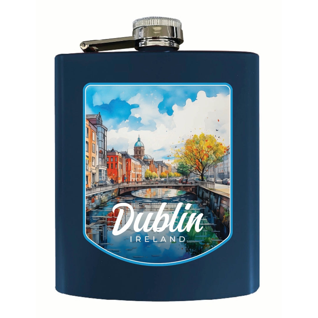 Dublin Ireland Watercolor Cityscape Design Souvenir 7 oz Steel Flask Matte Finish Image 3