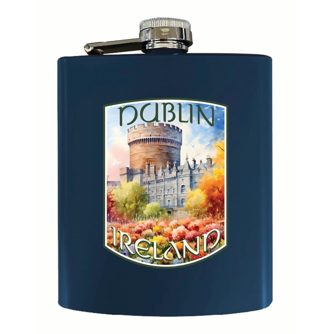 Dublin Ireland Watercolor Dublin Castle Design Souvenir 7 oz Steel Flask Matte Finish Image 1