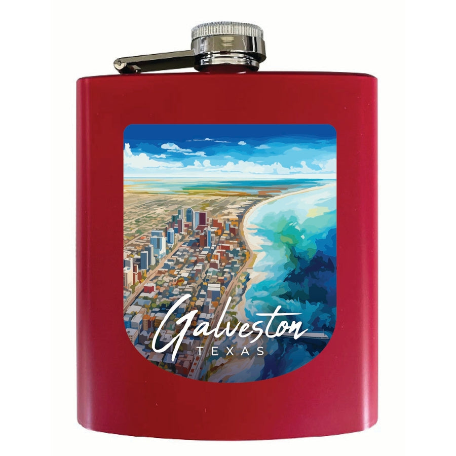 Glaveston Texas Aerial Painting Design Souvenir 7 oz Steel Flask Matte Finish Image 1