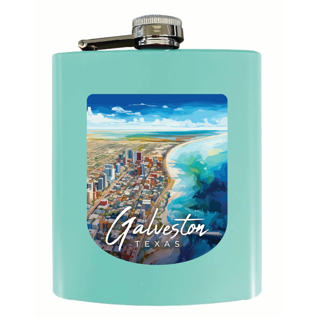 Glaveston Texas Aerial Painting Design Souvenir 7 oz Steel Flask Matte Finish Image 2