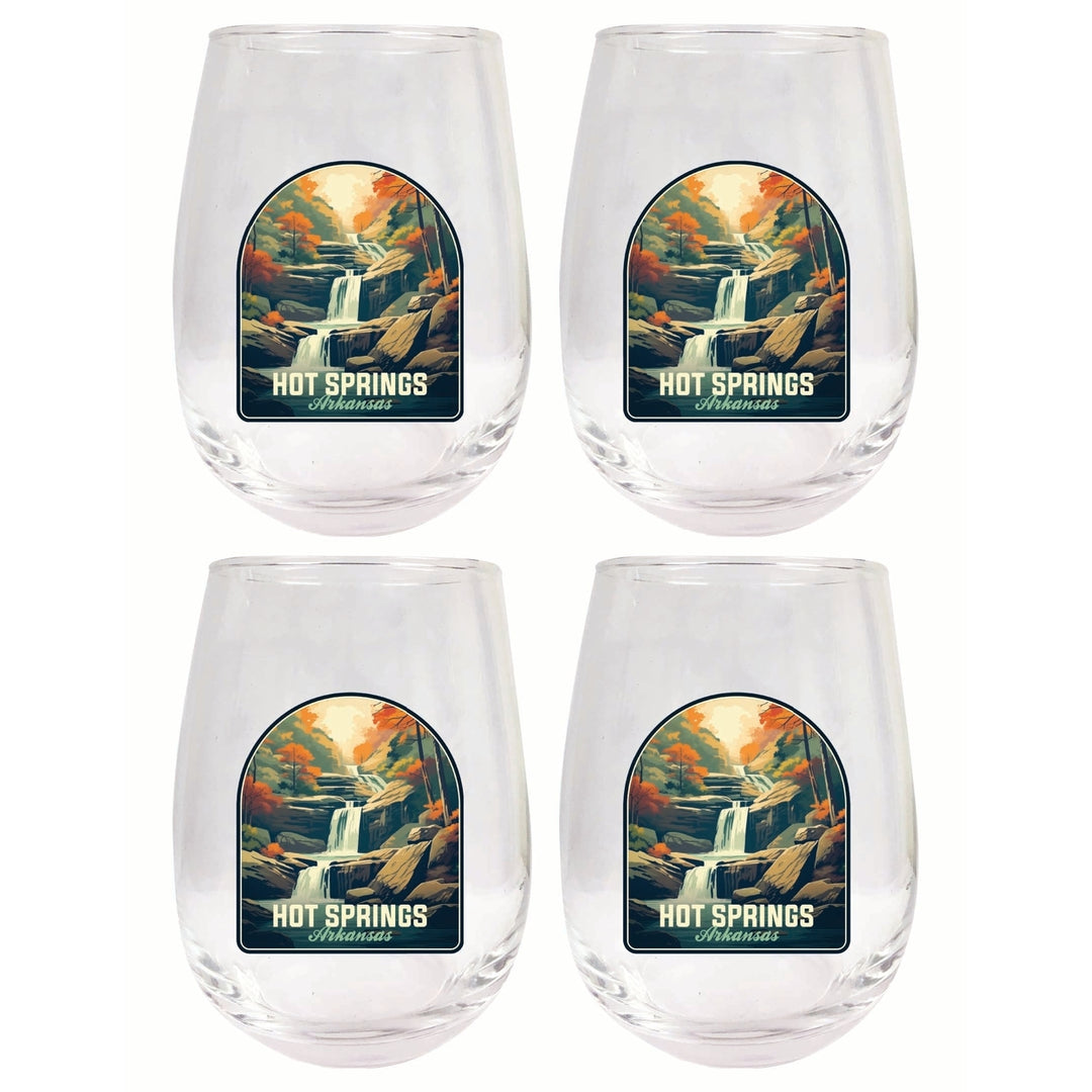 Hot Springs Arkansas Autumn Waterfall Design Souvenir 15 oz Stemless Wine Glass 4-Pack Image 1