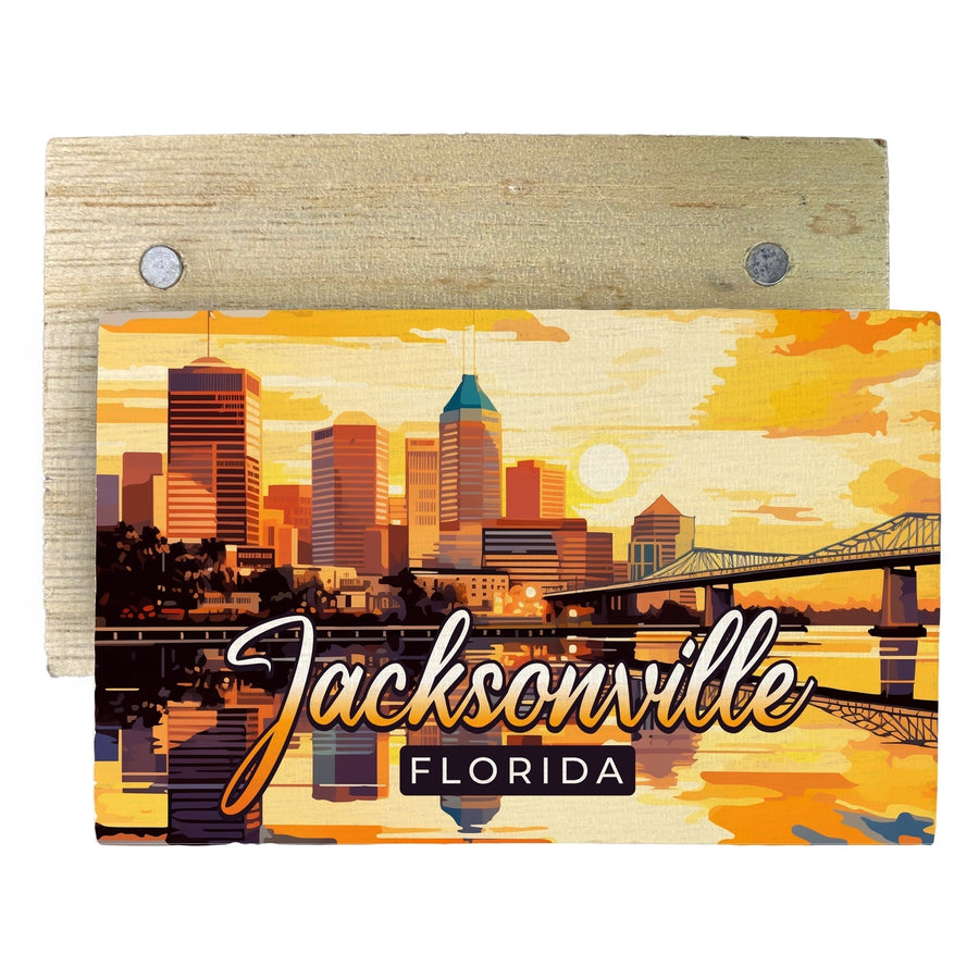 Jacksonville Florida Sunset Cityscape Design Souvenir Wooden 2" x 3" Fridge Magnet Image 1