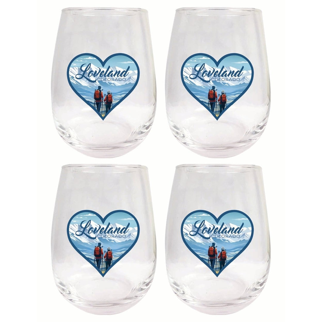 Loveland Colorado Ski Love Design Souvenir 15 oz Stemless Wine Glass 4-Pack Image 1