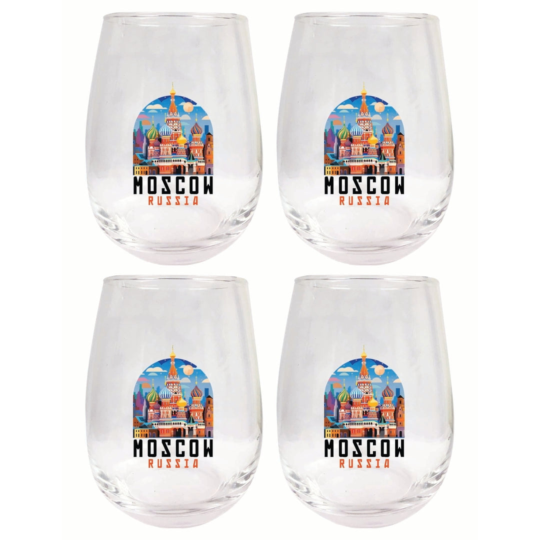 Moscow Russia Saint Basils Cathedral Illustration Design Souvenir 15 oz Stemless Wine Glass 4-Pack Image 1