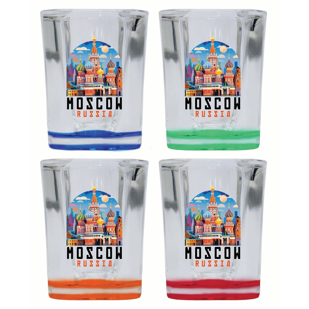 Moscow Russia Saint Basils Cathedral Illustration Design Souvenir 2 Ounce Shot Glass Square 4-Pack Multicolor Image 1