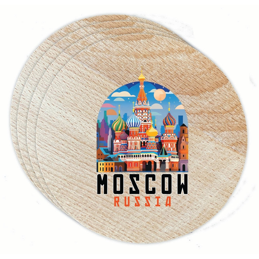 Moscow Russia Saint Basils Cathedral Illustration Design Souvenir Coaster Wooden 3.5 x 3.5-Inch 4 Pack Image 1