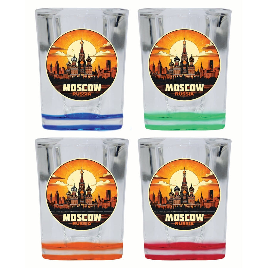 Moscow Russia Saint Basils Cathedral Sunset Design Souvenir 2 Ounce Shot Glass Square 4-Pack Multicolor Image 1