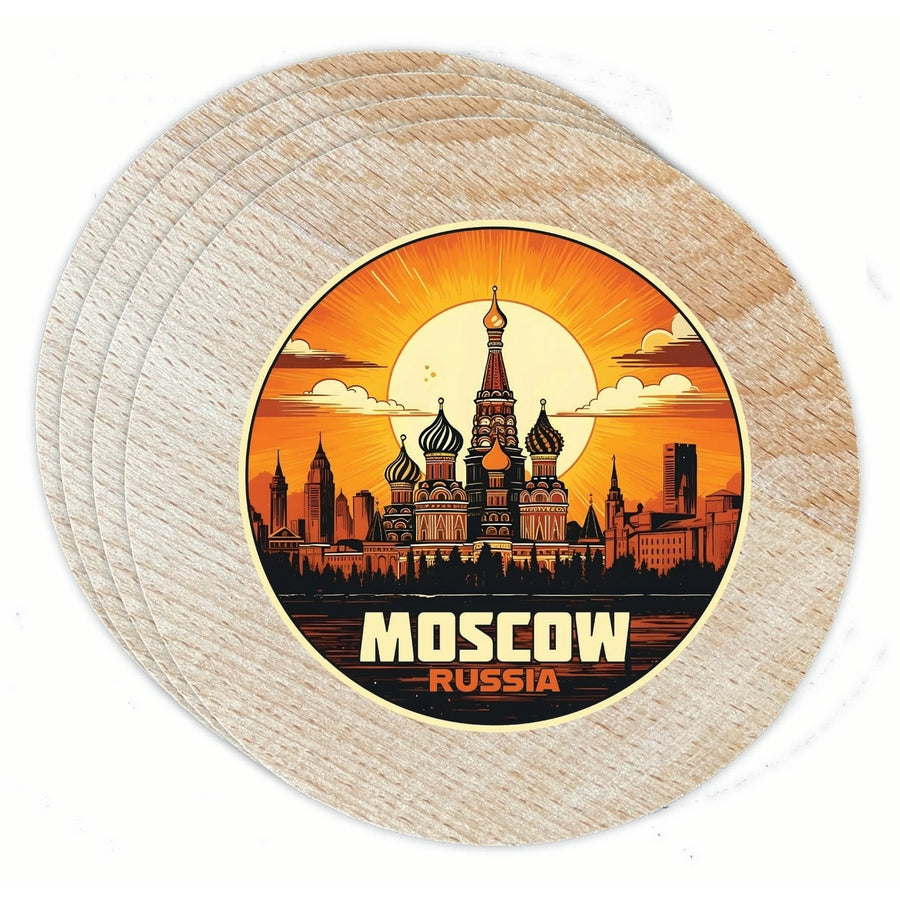 Moscow Russia Saint Basils Cathedral Sunset Design Souvenir Coaster Wooden 3.5 x 3.5-Inch 4 Pack Image 1