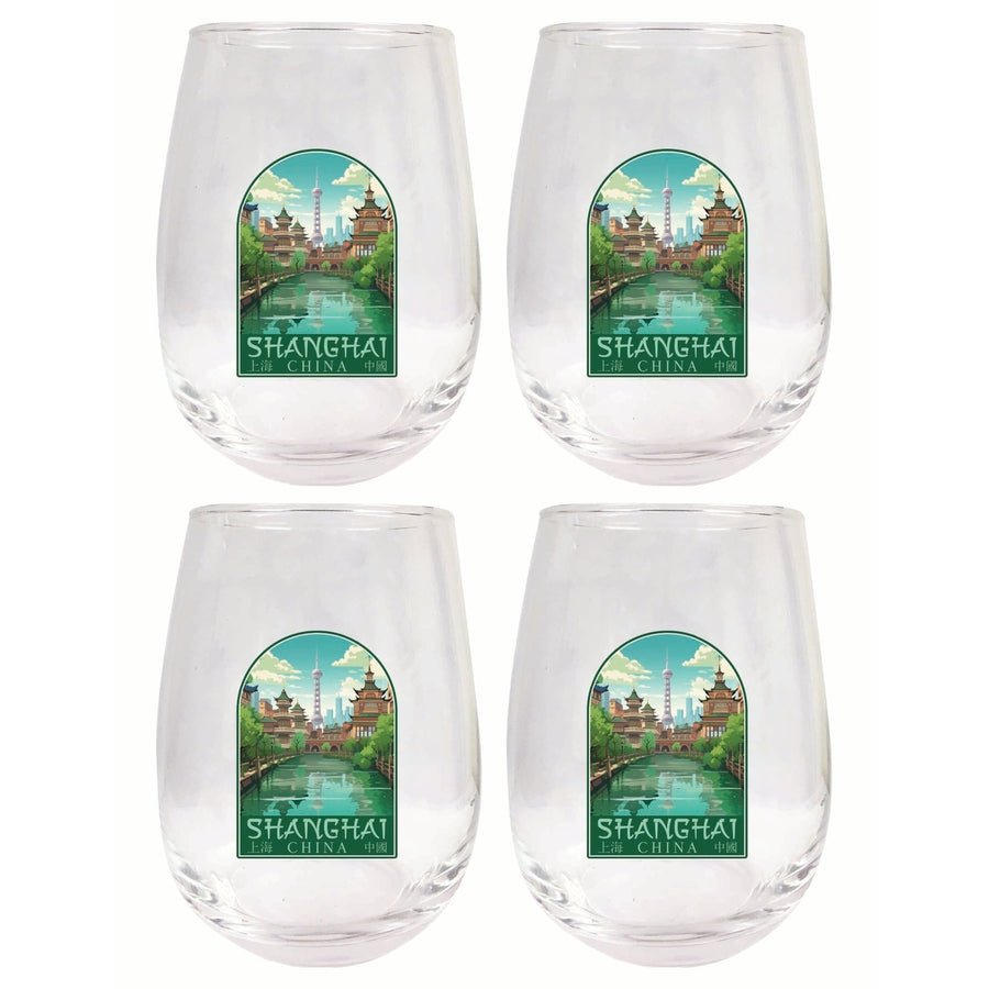 Shanghai China Old Town Design Souvenir 15 oz Stemless Wine Glass 4-Pack Image 1