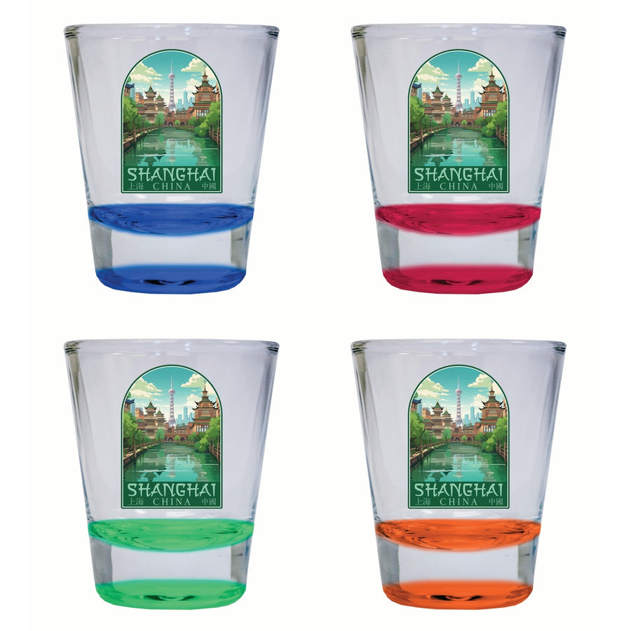 Shanghai China Old Town Design Souvenir 2 Ounce Shot Glass Round 4-Pack Multicolor Image 1