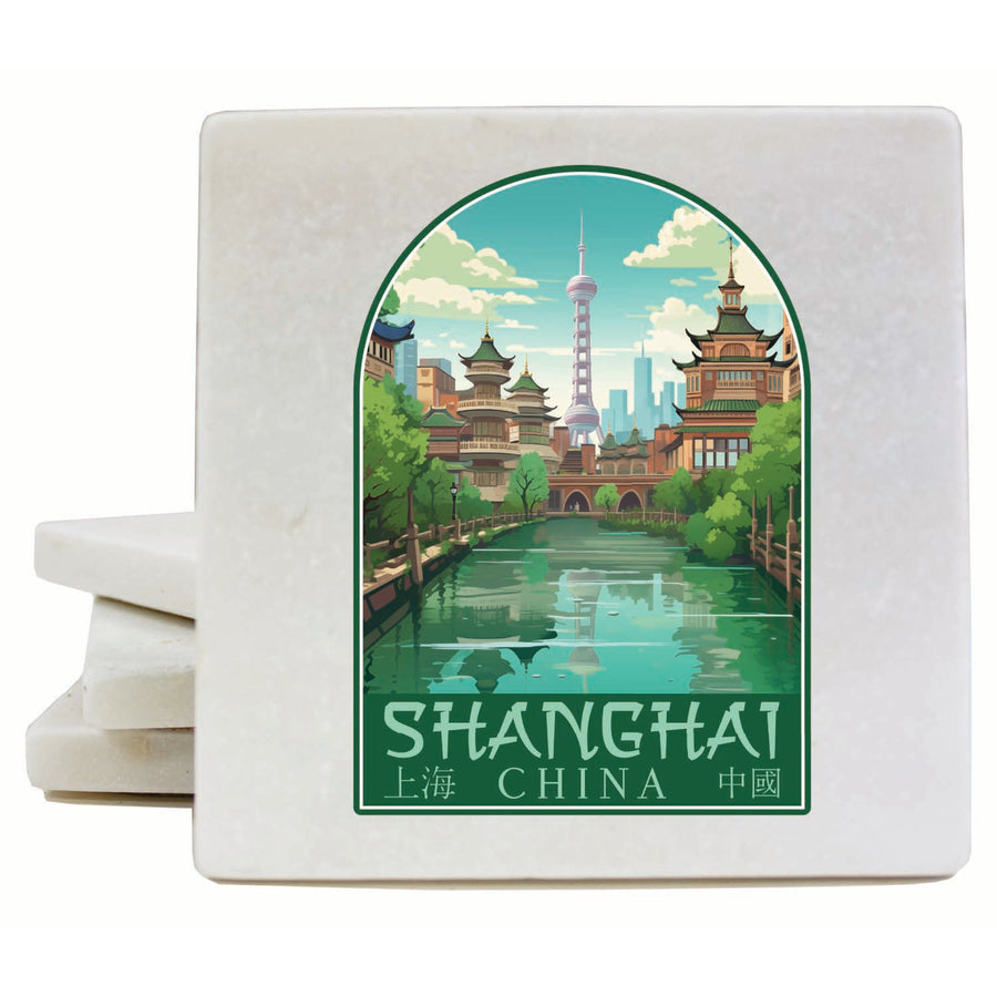 Shanghai China Old Town Design Souvenir 4x4-Inch Coaster Marble 4 Pack Image 1