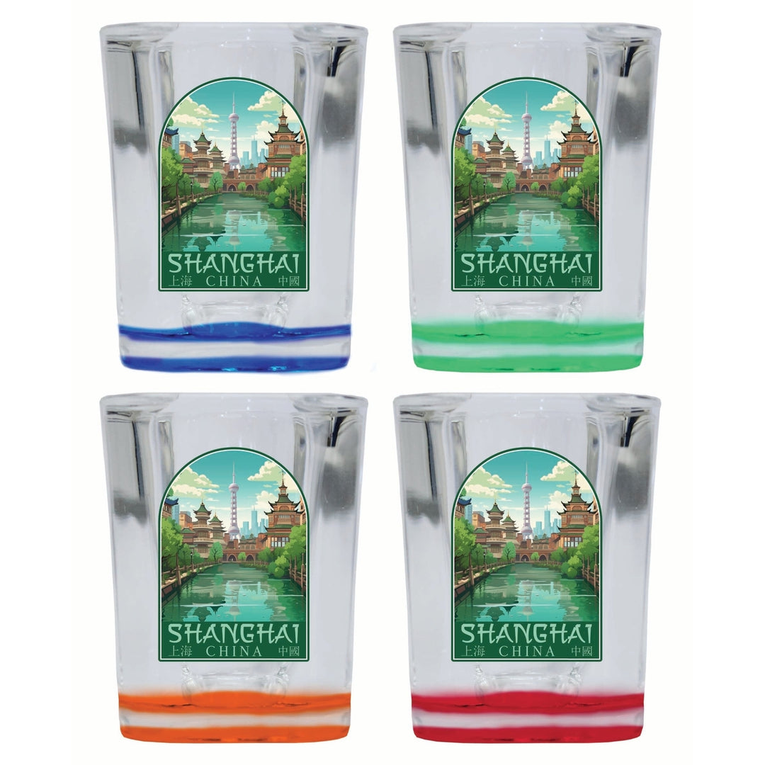 Shanghai China Old Town Design Souvenir 2 Ounce Shot Glass Square 4-Pack Multicolor Image 1