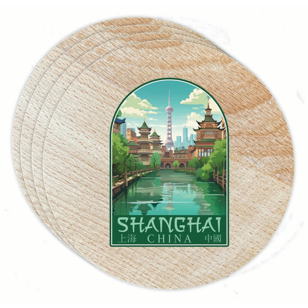 Shanghai China Old Town Design Souvenir Coaster Wooden 3.5 x 3.5-Inch 4 Pack Image 1