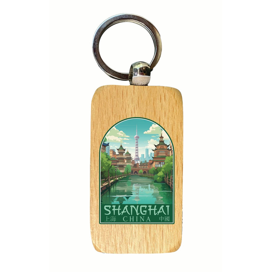 Shanghai China Old Town Design Souvenir 2.5x1-Inch Souvenir Wooden Keychain Image 1