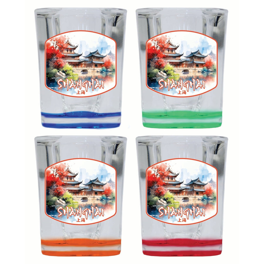 Shanghai China Watercolor Templates Design Souvenir 2 Ounce Shot Glass Square 4-Pack Multicolor Image 1