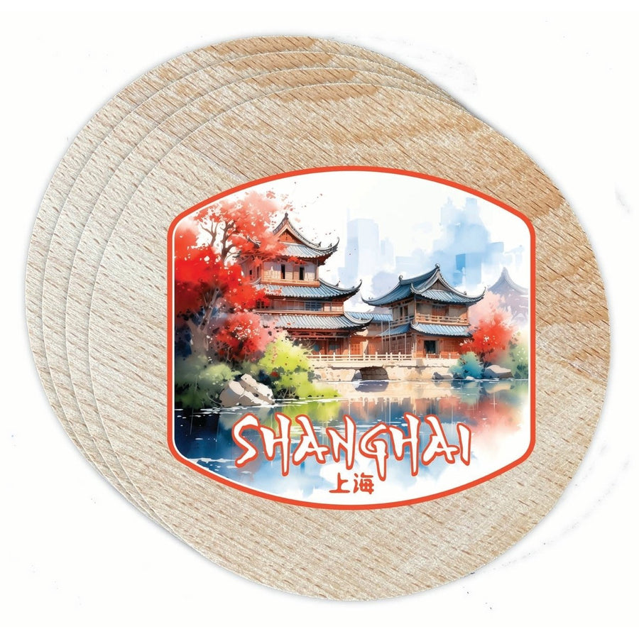 Shanghai China Watercolor Templates Design Souvenir Coaster Wooden 3.5 x 3.5-Inch 4 Pack Image 1