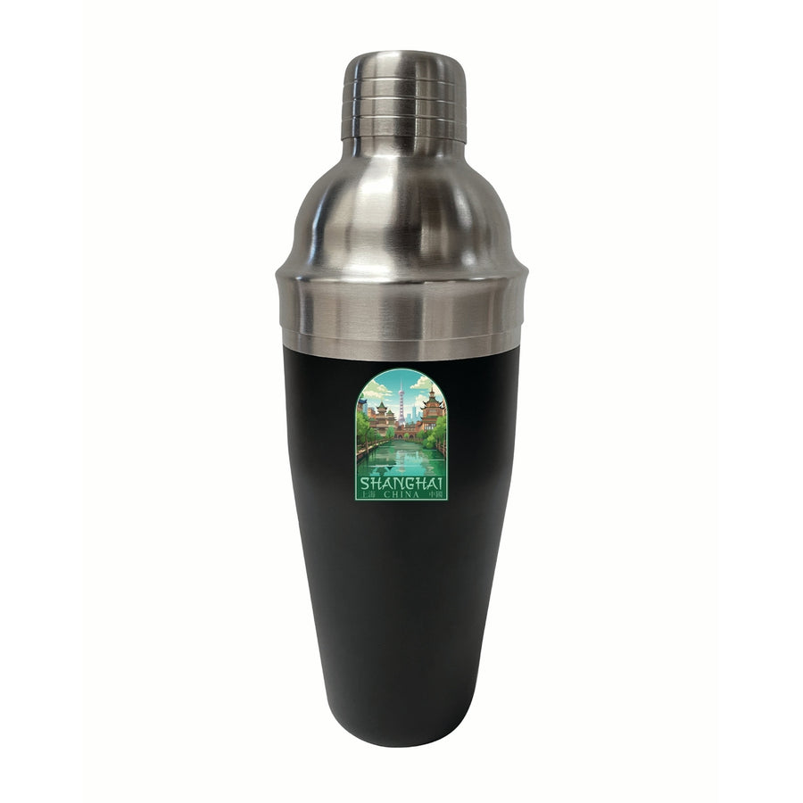 Shanghai China Old Town Design Souvenir 24 oz Stainless Steel Cocktail Shaker Black Image 1