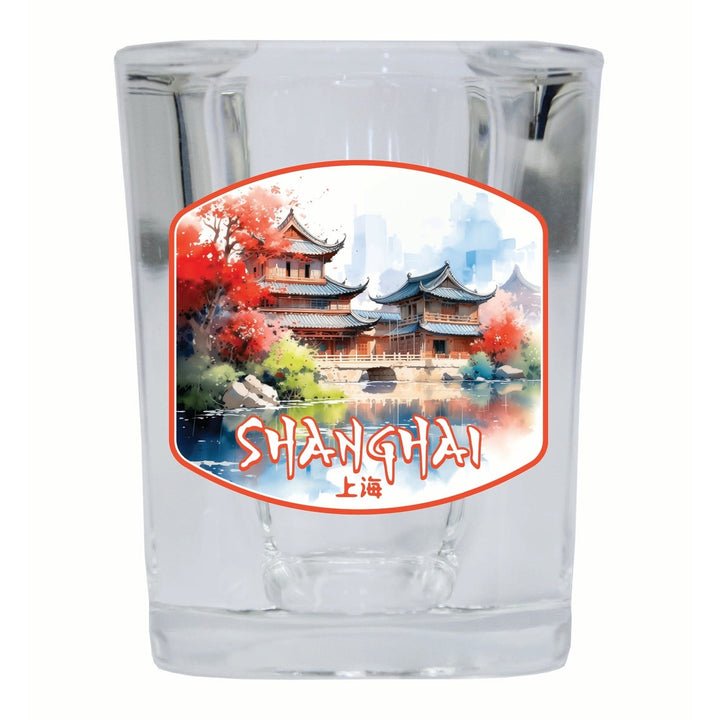 Shanghai China Watercolor Templates Design Souvenir 2 Ounce Shot Glass Square Image 1