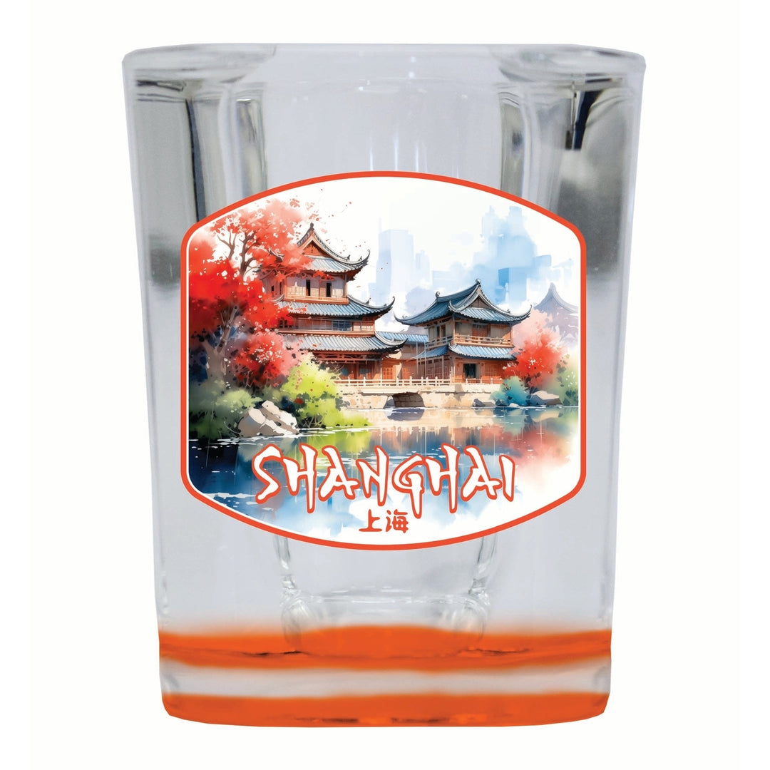 Shanghai China Watercolor Templates Design Souvenir 2 Ounce Shot Glass Square Image 2