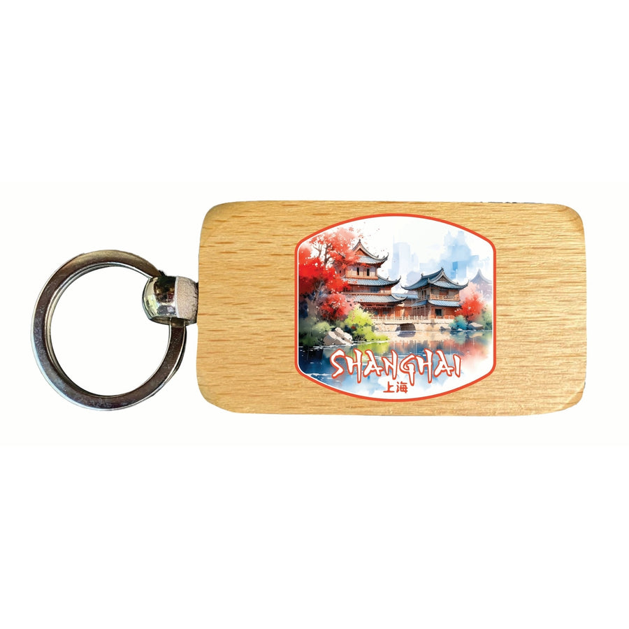 Shanghai China Watercolor Templates Design Souvenir 2.5x1-Inch Souvenir Wooden Keychain Image 1