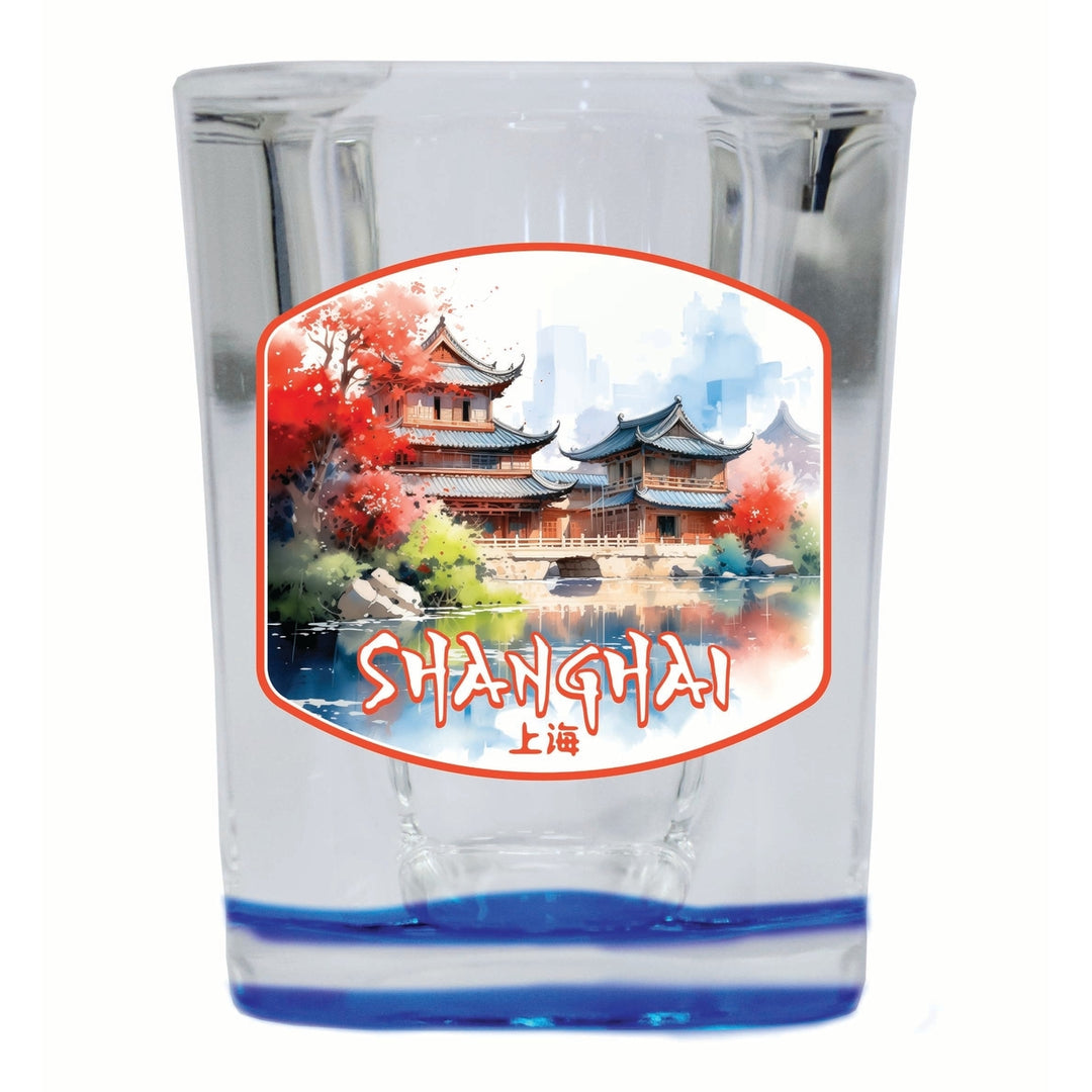 Shanghai China Watercolor Templates Design Souvenir 2 Ounce Shot Glass Square Image 3