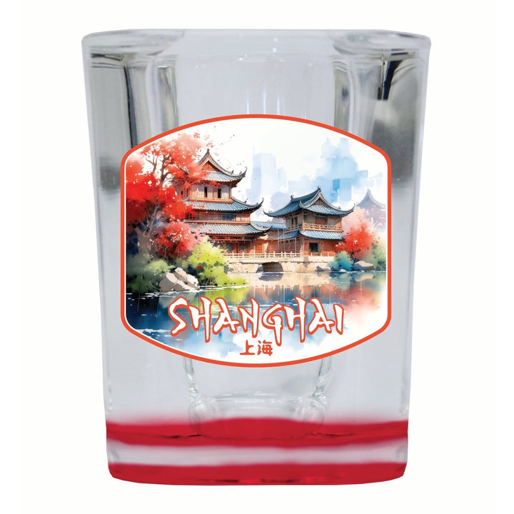 Shanghai China Watercolor Templates Design Souvenir 2 Ounce Shot Glass Square Image 4