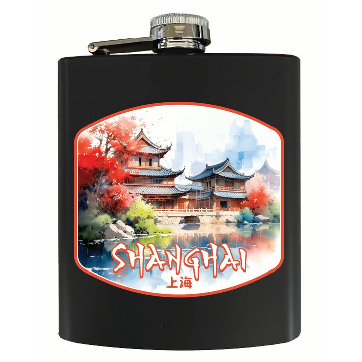 Shanghai China Watercolor Templates Design Souvenir 7 oz Steel Flask Matte Finish Image 1