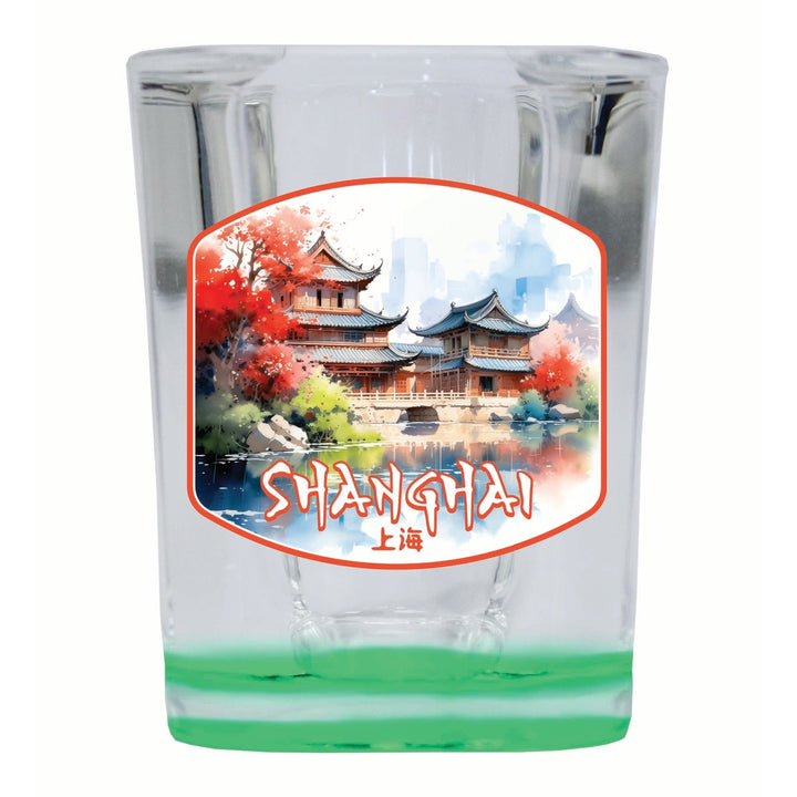 Shanghai China Watercolor Templates Design Souvenir 2 Ounce Shot Glass Square Image 4