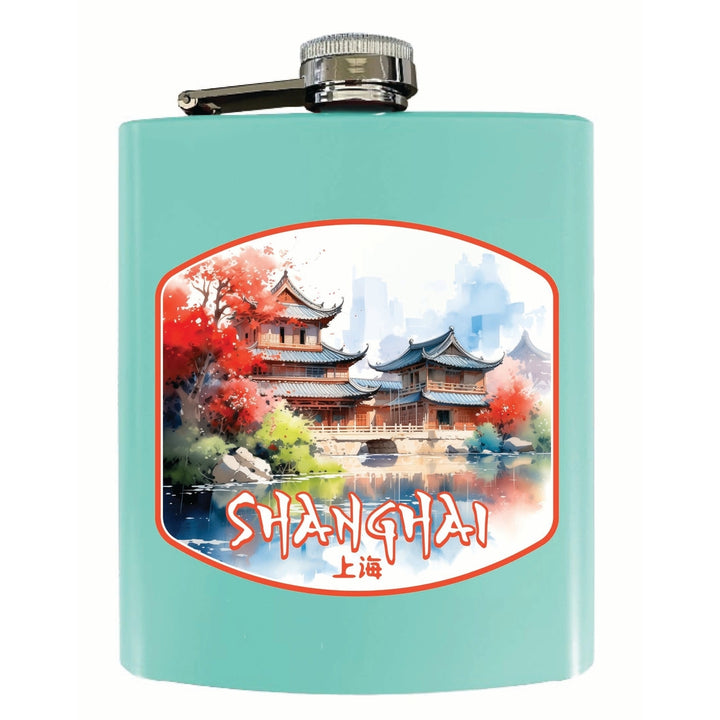 Shanghai China Watercolor Templates Design Souvenir 7 oz Steel Flask Matte Finish Image 2