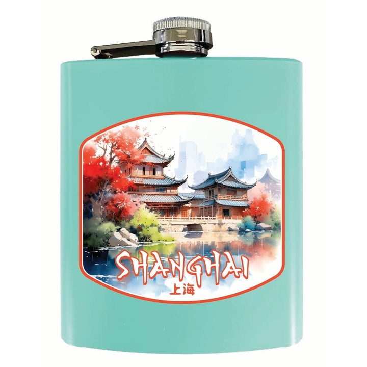 Shanghai China Watercolor Templates Design Souvenir 7 oz Steel Flask Matte Finish Image 1