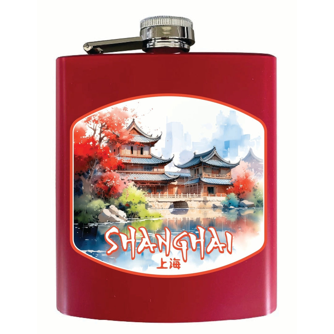 Shanghai China Watercolor Templates Design Souvenir 7 oz Steel Flask Matte Finish Image 3