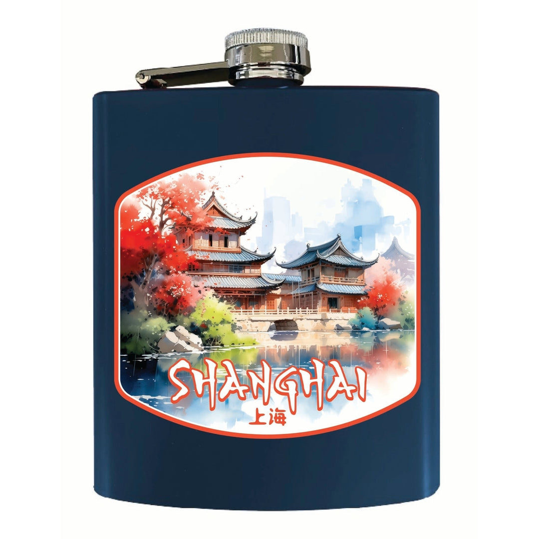 Shanghai China Watercolor Templates Design Souvenir 7 oz Steel Flask Matte Finish Image 4