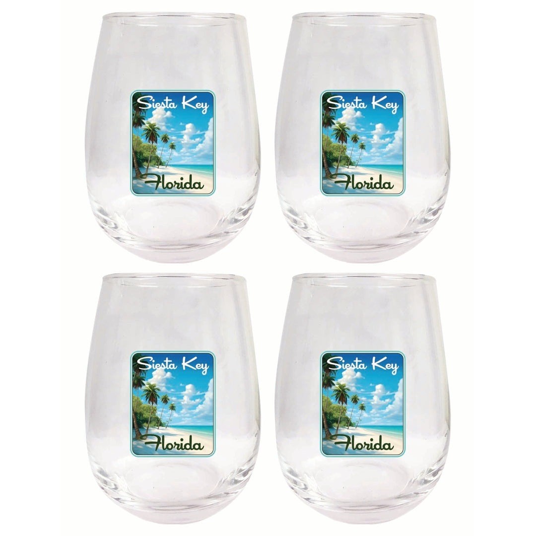 Siesta Key Beach Florida Tropical Beach Design Souvenir 15 oz Stemless Wine Glass 4-Pack Image 1