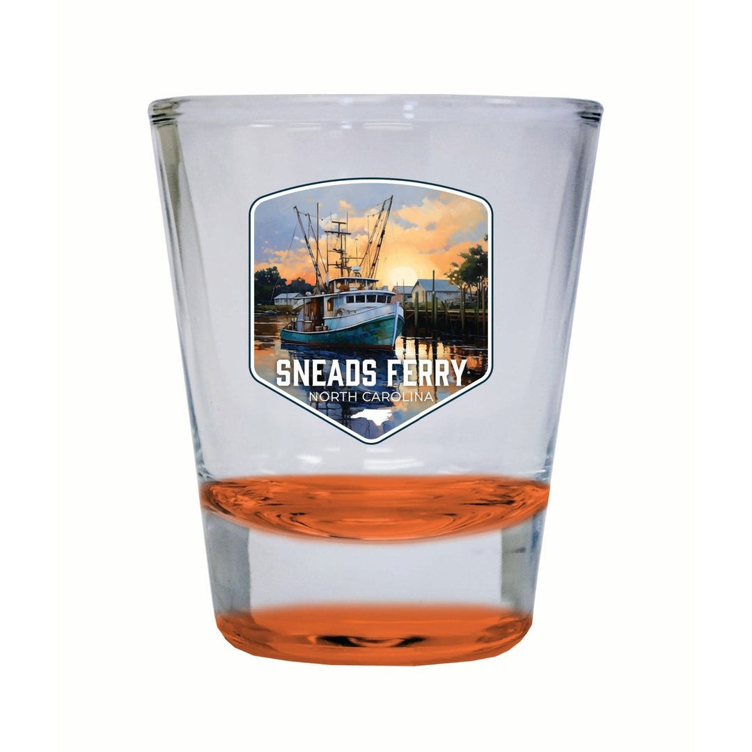 Sneads Ferry North Carolina Shrimp Boat Design Souvenir 2 Ounce Shot Glass Round Image 1