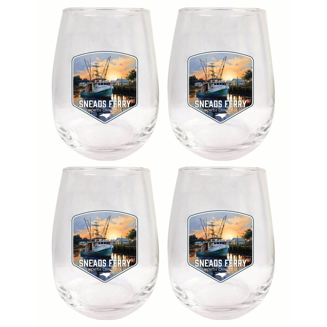 Sneads Ferry North Carolina Shrimp Boat Design Souvenir 15 oz Stemless Wine Glass 4-Pack Image 1