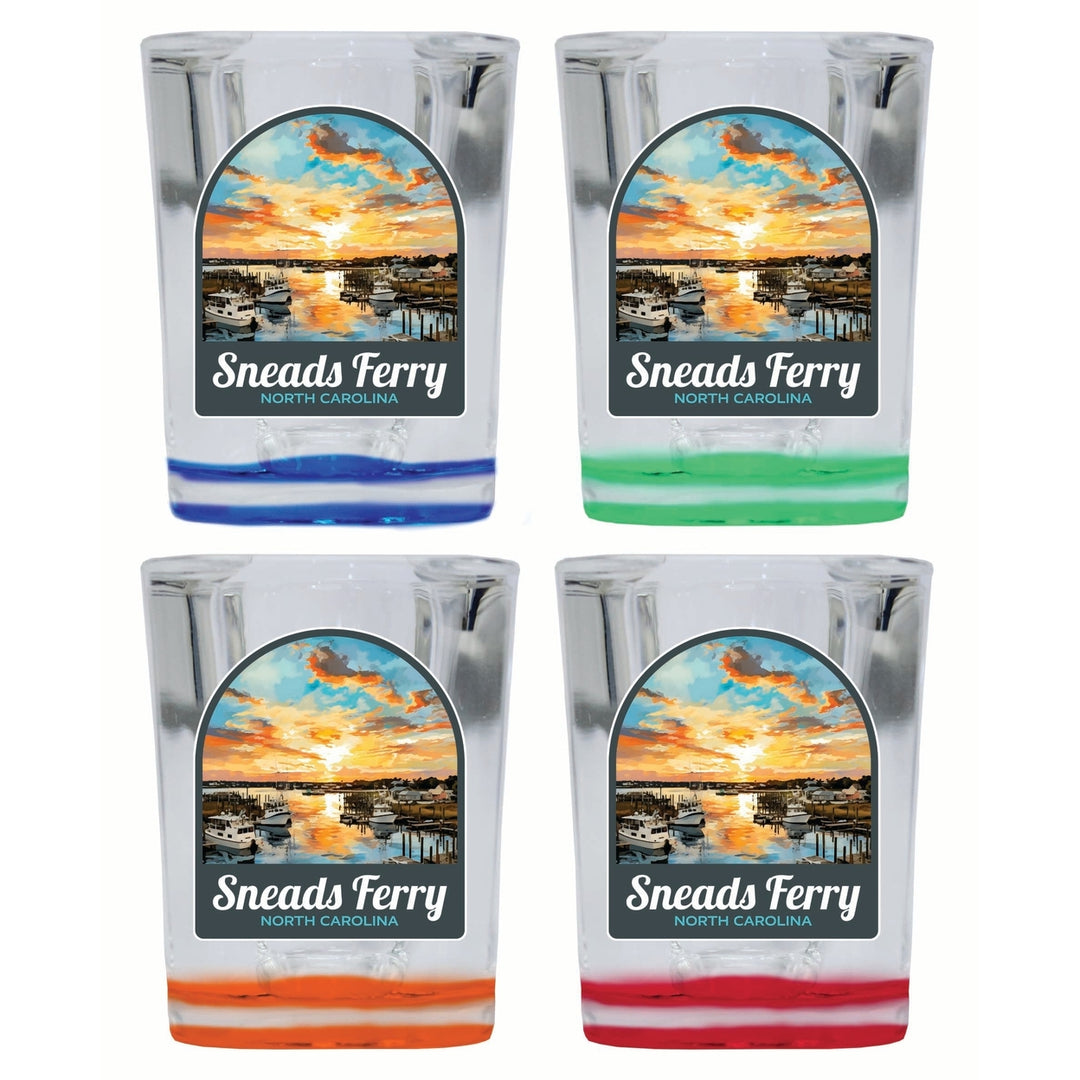 Sneads Ferry North Carolina Sunset over Bay Design Souvenir 2 Ounce Shot Glass Square 4-Pack Multicolor Image 1