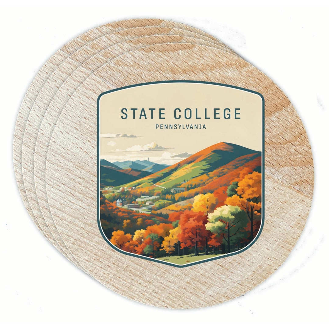 State College Pennsylvania Autumn Mountains Design Souvenir Coaster Wooden 3.5 x 3.5-Inch 4 Pack Image 1