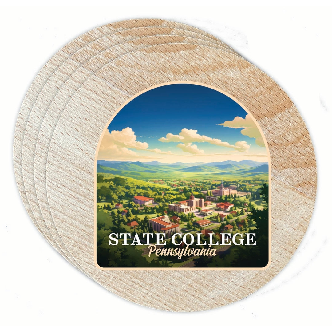 State College Pennsylvania Aerial Town Design Souvenir Coaster Wooden 3.5 x 3.5-Inch 4 Pack Image 1