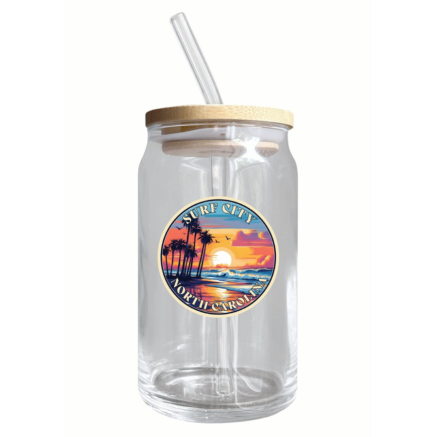 Surf City North Carolina Palm Sunset Design Souvenir 12 oz Beer Can Glass Image 1