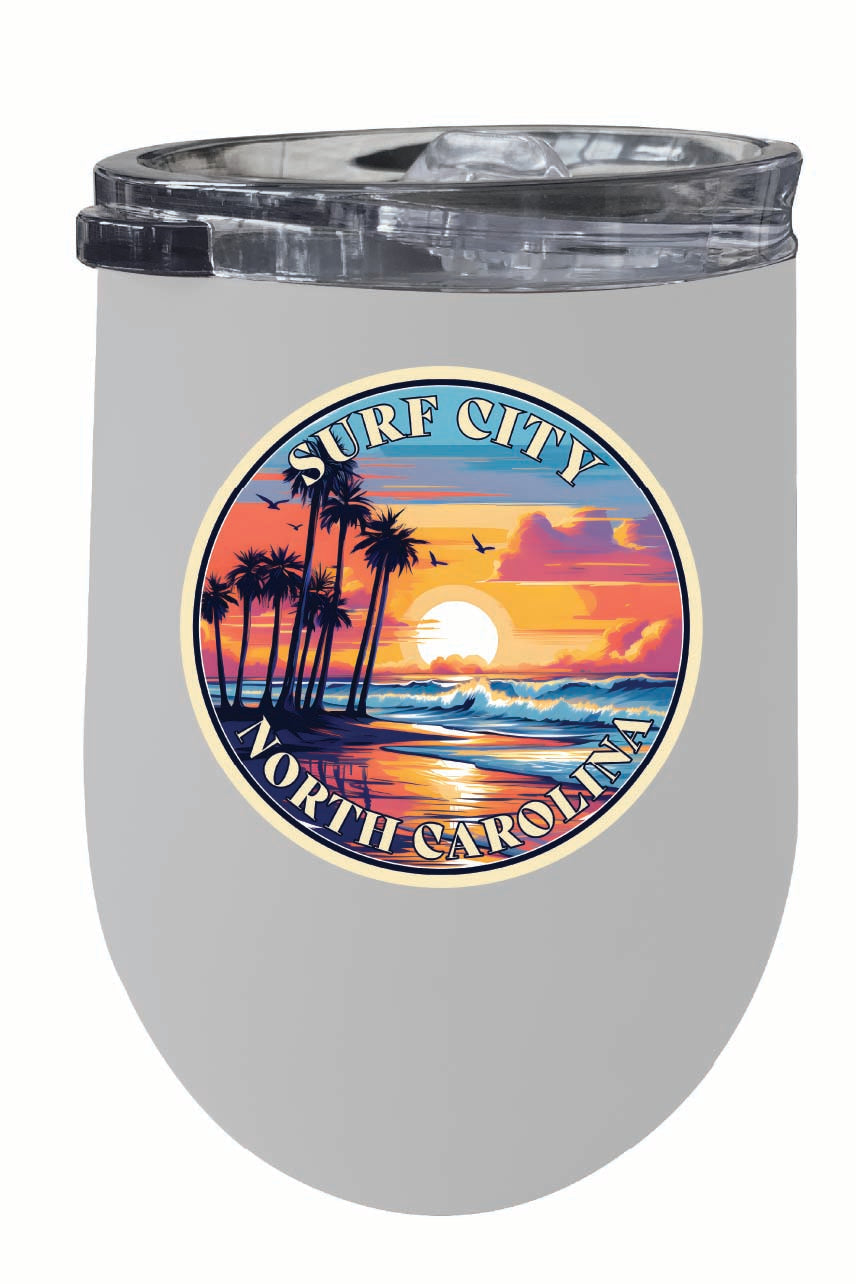 Surf City North Carolina Palm Sunset Design Souvenir 12 oz Insulated Wine Stainless Steel Tumbler Image 2