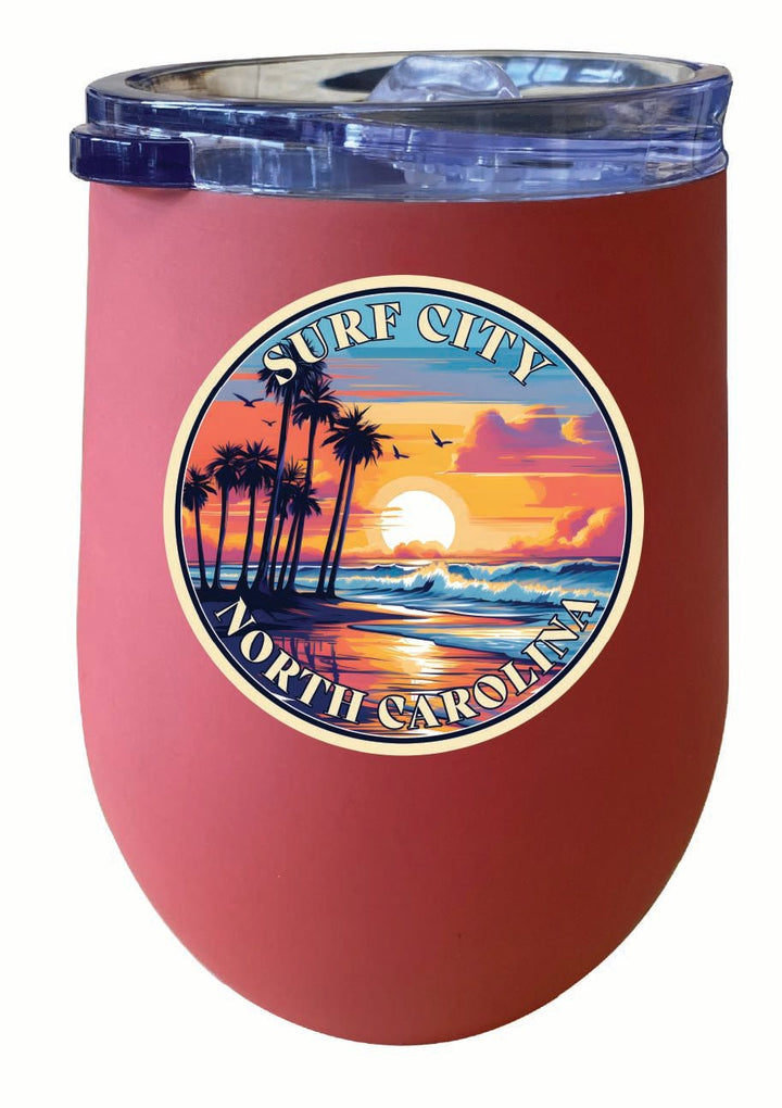 Surf City North Carolina Palm Sunset Design Souvenir 12 oz Insulated Wine Stainless Steel Tumbler Image 3