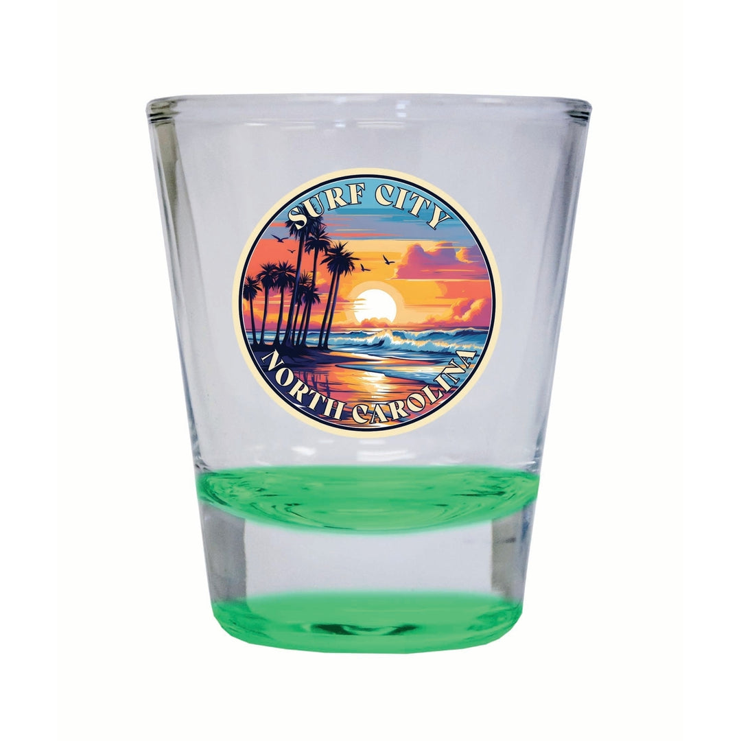 Surf City North Carolina Palm Sunset Design Souvenir 2 Ounce Shot Glass Round Image 1