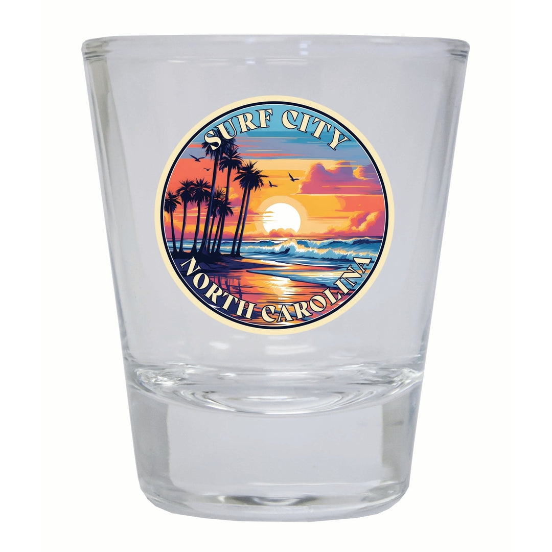 Surf City North Carolina Palm Sunset Design Souvenir 2 Ounce Shot Glass Round Image 2