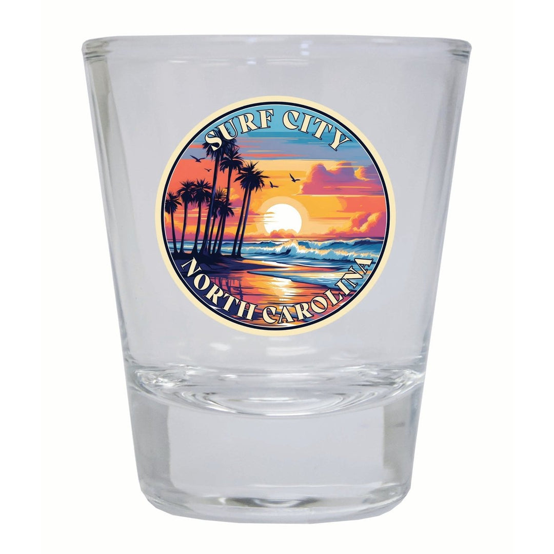 Surf City North Carolina Palm Sunset Design Souvenir 2 Ounce Shot Glass Round Image 1