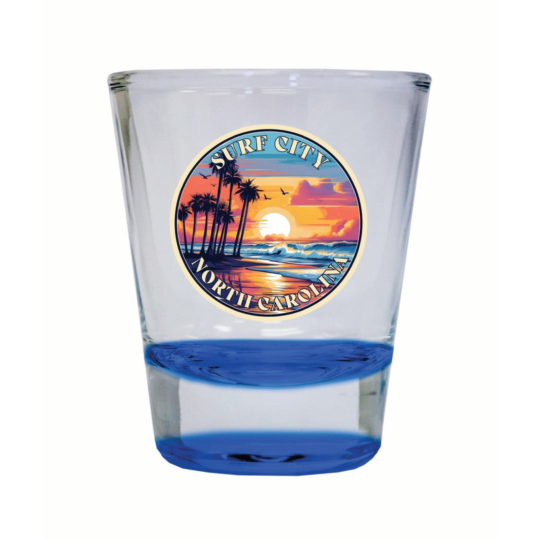 Surf City North Carolina Palm Sunset Design Souvenir 2 Ounce Shot Glass Round Image 3