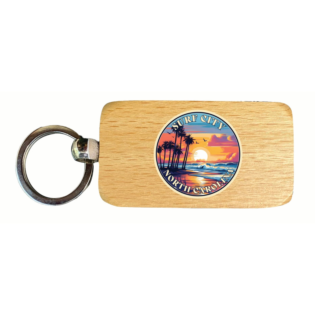 Surf City North Carolina Palm Sunset Design Souvenir 2.5x1-Inch Souvenir Wooden Keychain Image 1