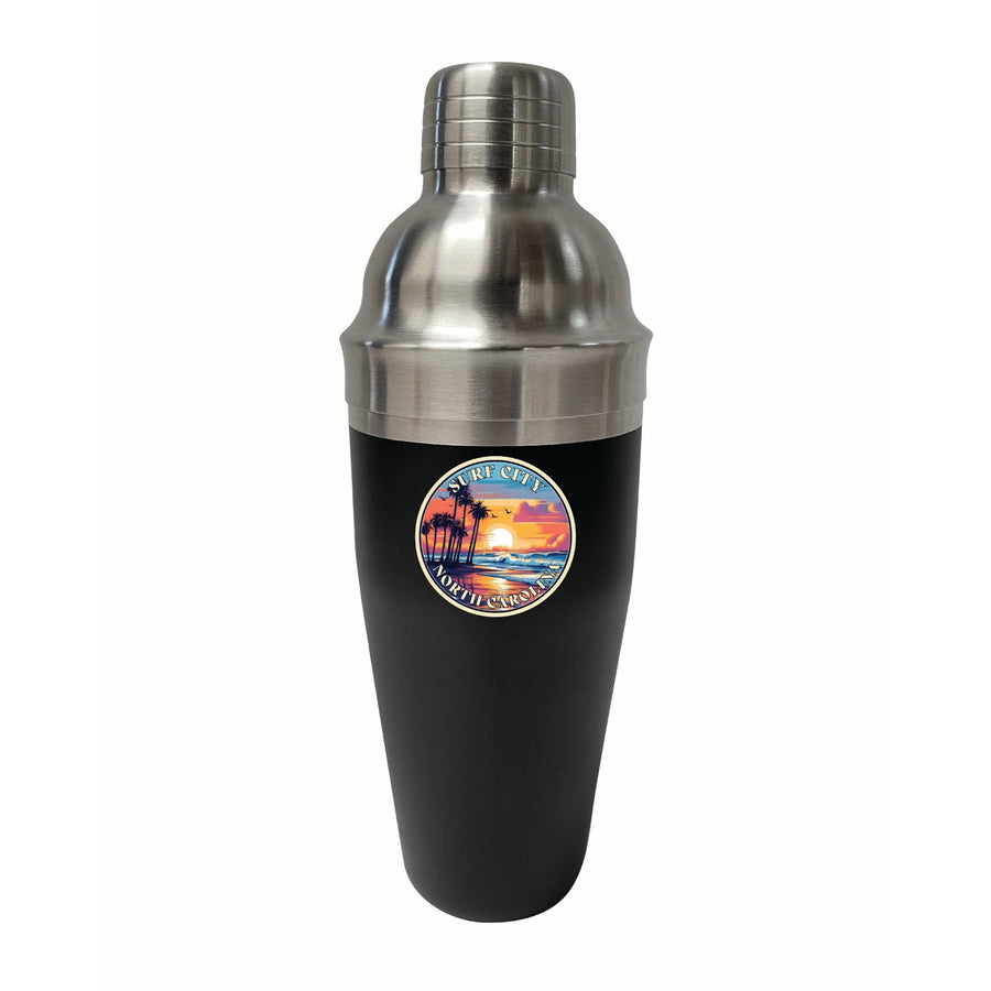 Surf City North Carolina Palm Sunset Design Souvenir 24 oz Stainless Steel Cocktail Shaker Black Image 1